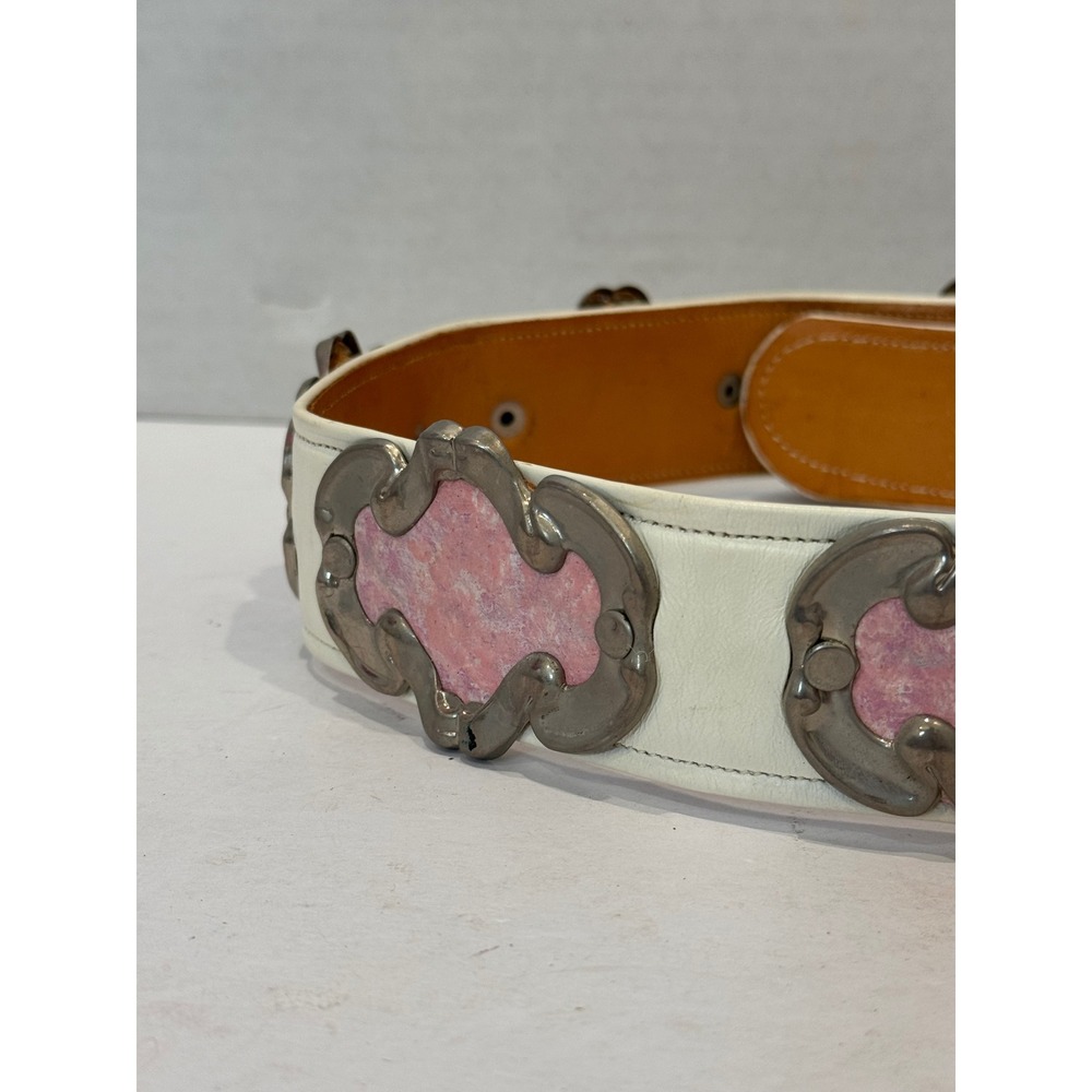Vintage Western Leather Belt Womens 24-28 White Pink Medallion Wide Boho Silver - Picture 3 of 8